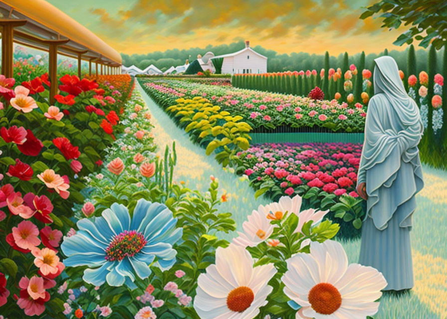 Person in Blue Scarf by Vibrant Flowerbeds and White Farmhouse