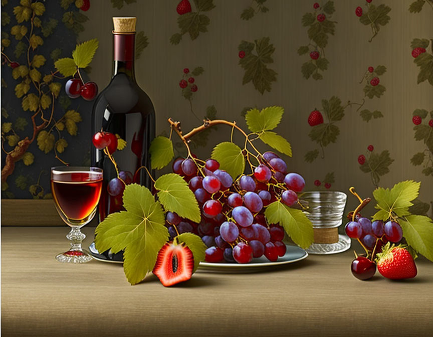 Still life with red wine bottle, glass, grapes, strawberry, and cherries on textured table