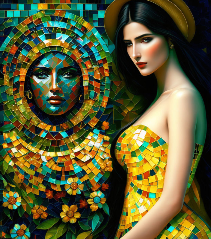 Dark-Haired Woman Next to Colorful Feminine Mosaic and Floral Patterns