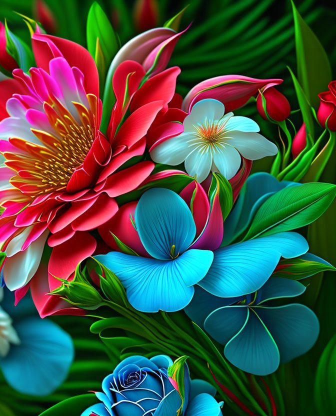 Colorful Digital Artwork: Bouquet with Vibrant Flowers on Green Foliage