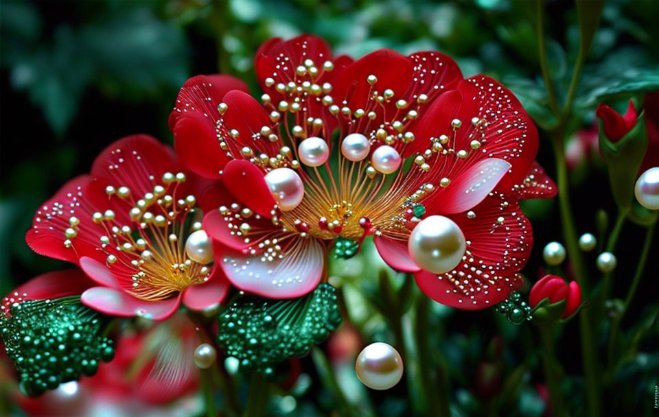 Red flowers with white and emerald details and pearl embellishments in green foliage