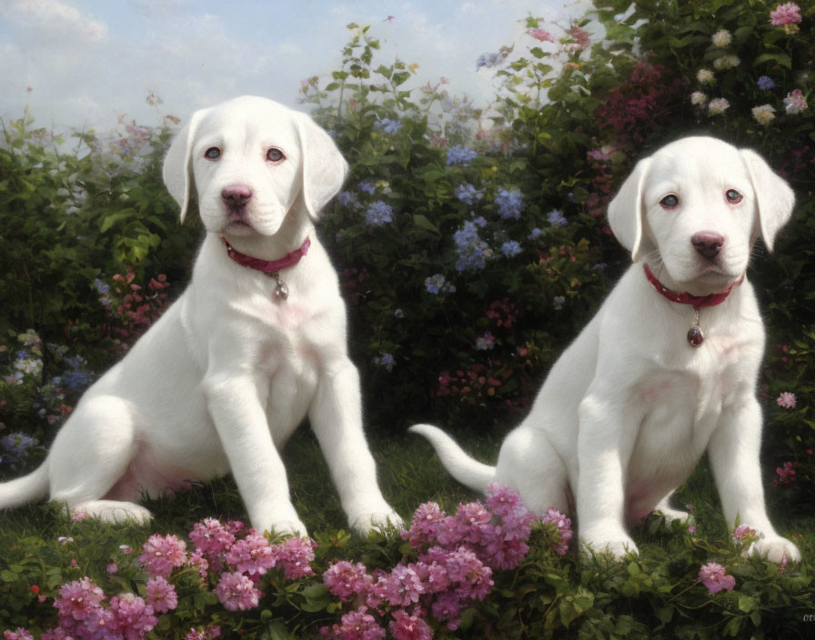 White puppies with red collars in garden surrounded by pink and purple flowers