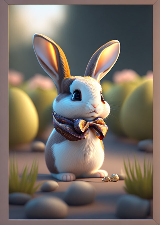 Adorable rabbit with bow tie in Easter egg and bush scene