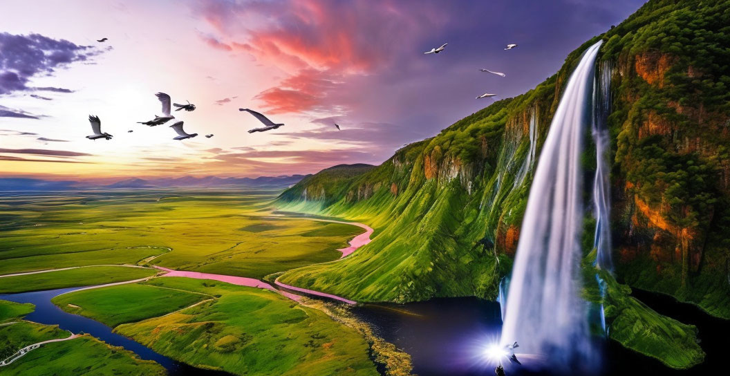 Majestic waterfall in vibrant landscape with river, sunset sky, and birds