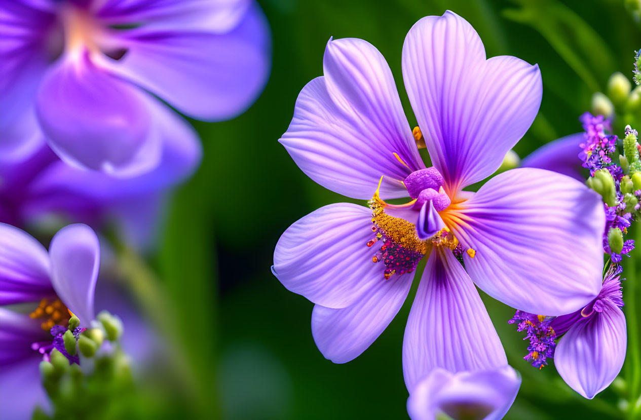 Vibrant purple flowers with golden stamens on blurred green backdrop