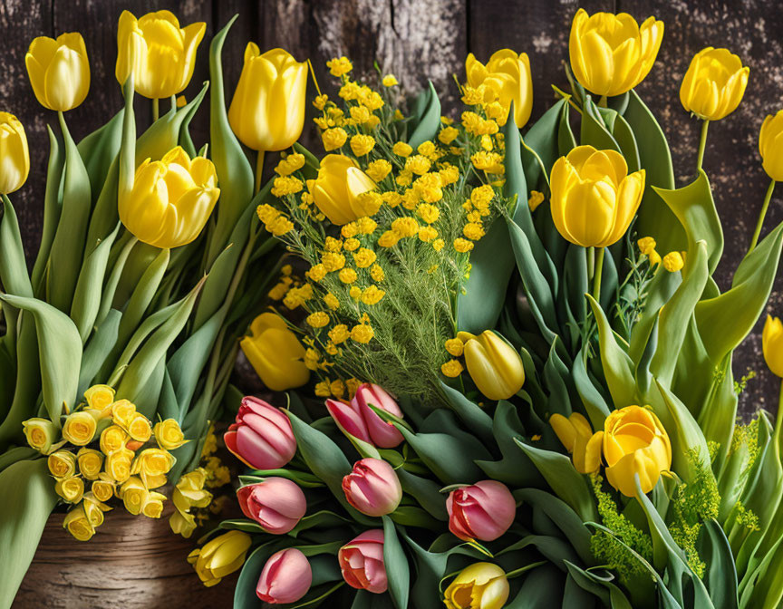 Yellow and Red Tulip Bouquet on Rustic Wooden Background