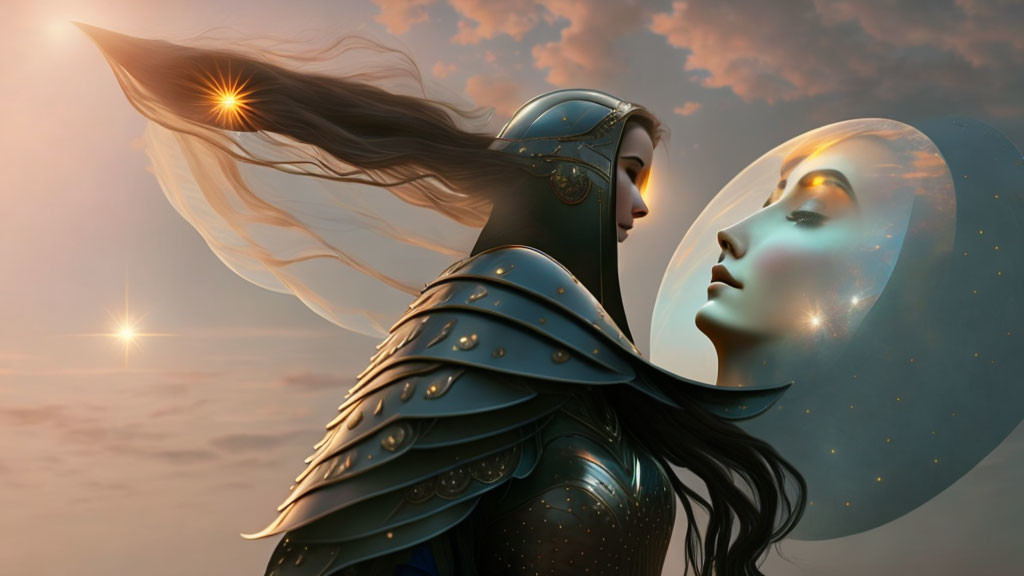 Fantasy illustration: Woman in armor gazes at celestial face, hair flowing, stars twinkling.