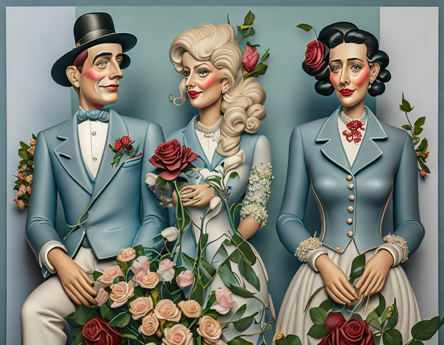 Vintage formal wear characters with roses: whimsical elegance illustrated.