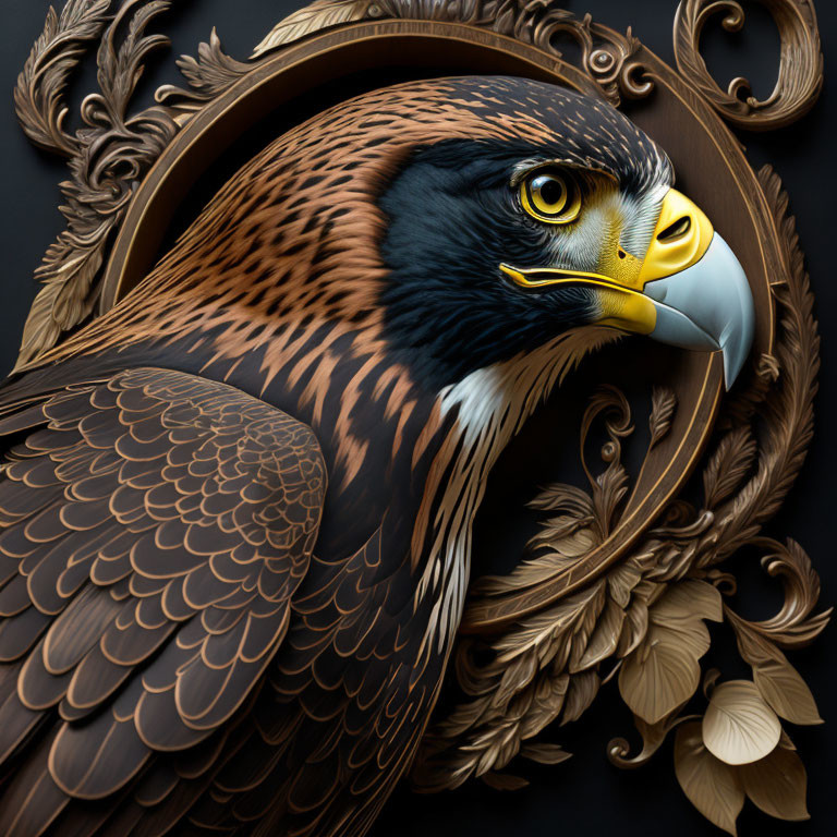 Detailed Eagle Head Illustration with Ornate Wooden Frame on Dark Background