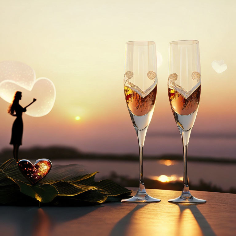 Romantic sunset scene with champagne glasses and heart swirls