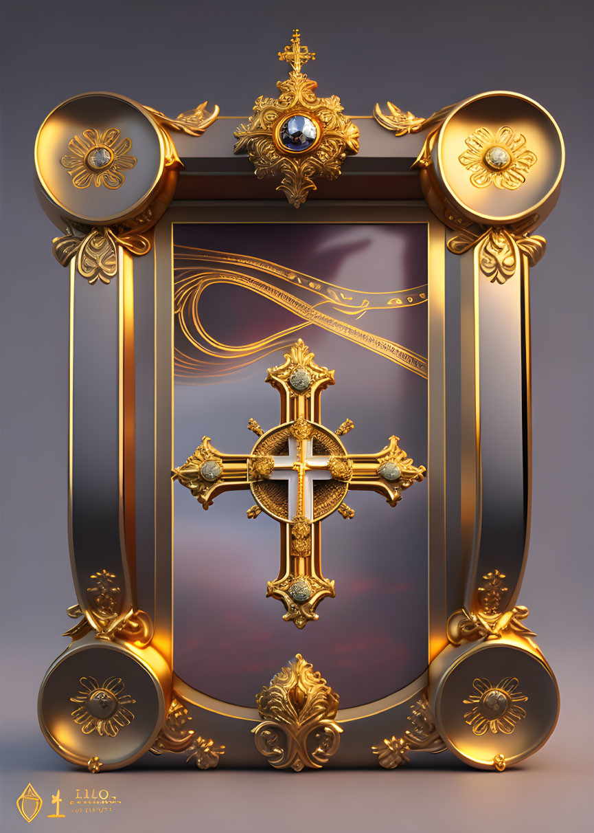 Golden Baroque Frame with Cross and Gems on Gradient Background