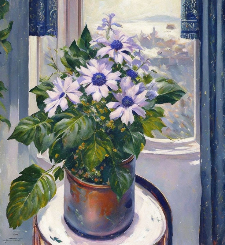 Purple Flowers in Pot by Open Window with Sheer Curtains