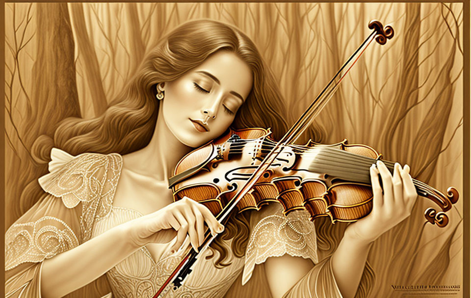 Serene woman playing violin in warm, golden setting