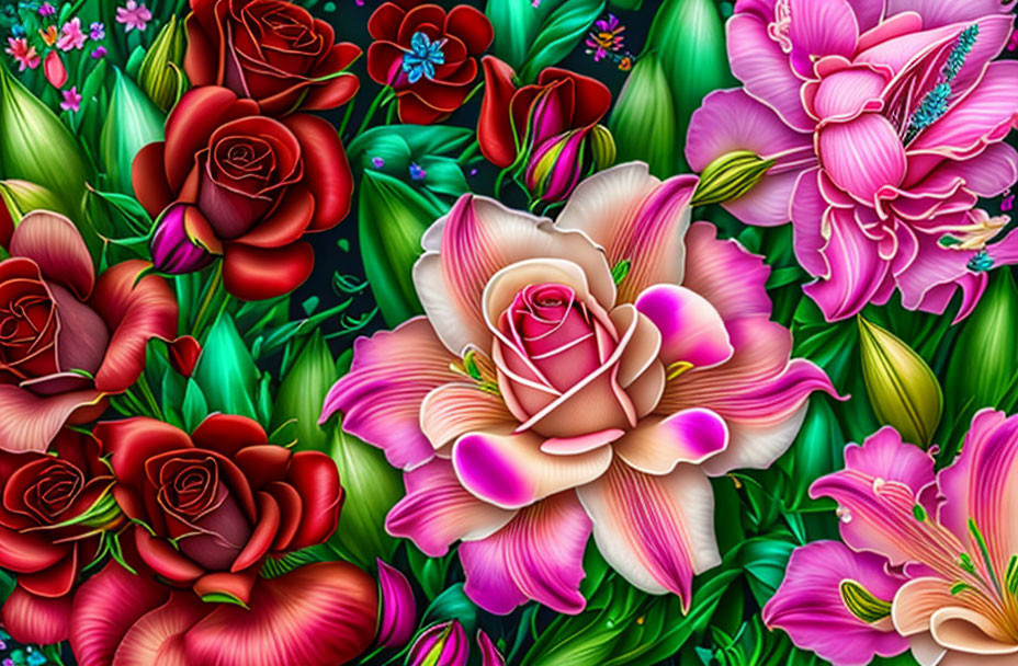 Colorful Floral Tapestry Featuring Detailed Roses and Exotic Flowers