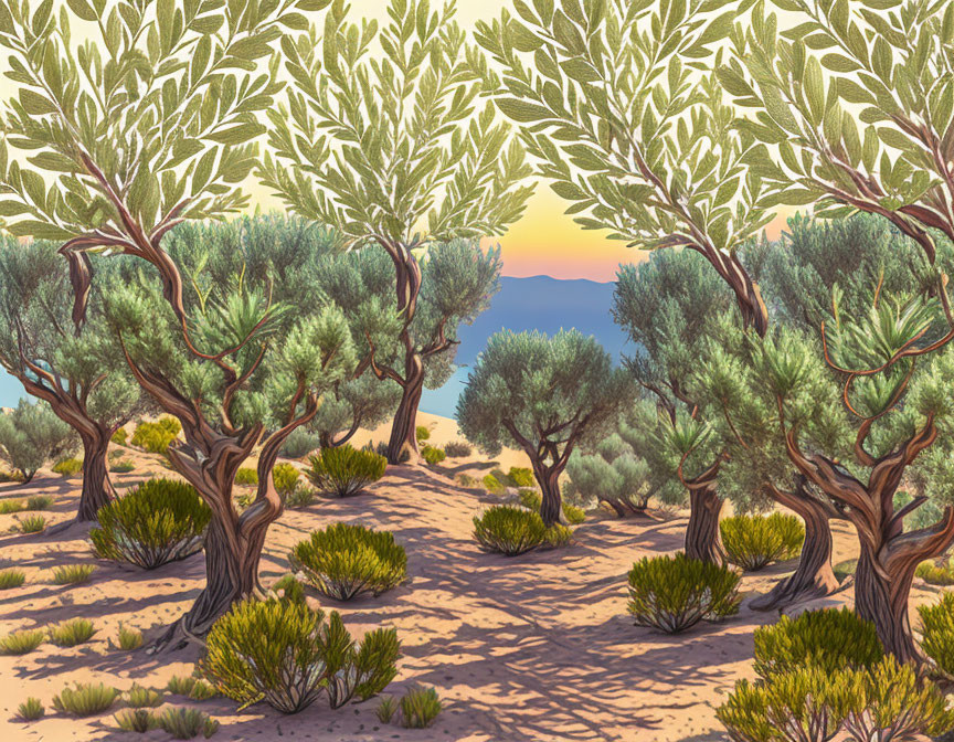 Sunset olive grove illustration with twisting trees and sandy path