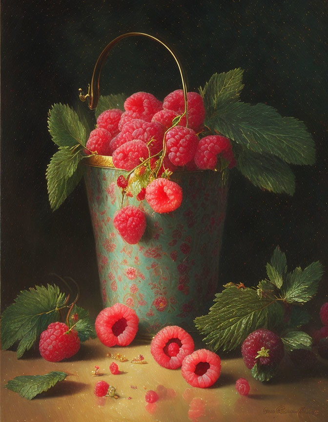 Photorealistic painting of ripe raspberries in floral bucket