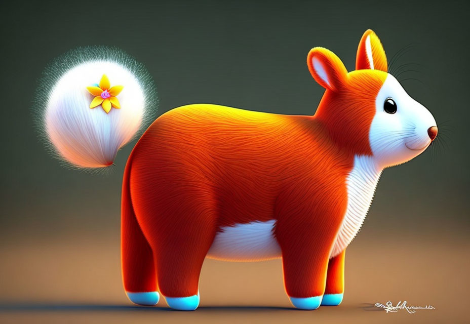 Vibrant illustration of orange rabbit creature with blue feet and fluffy tail