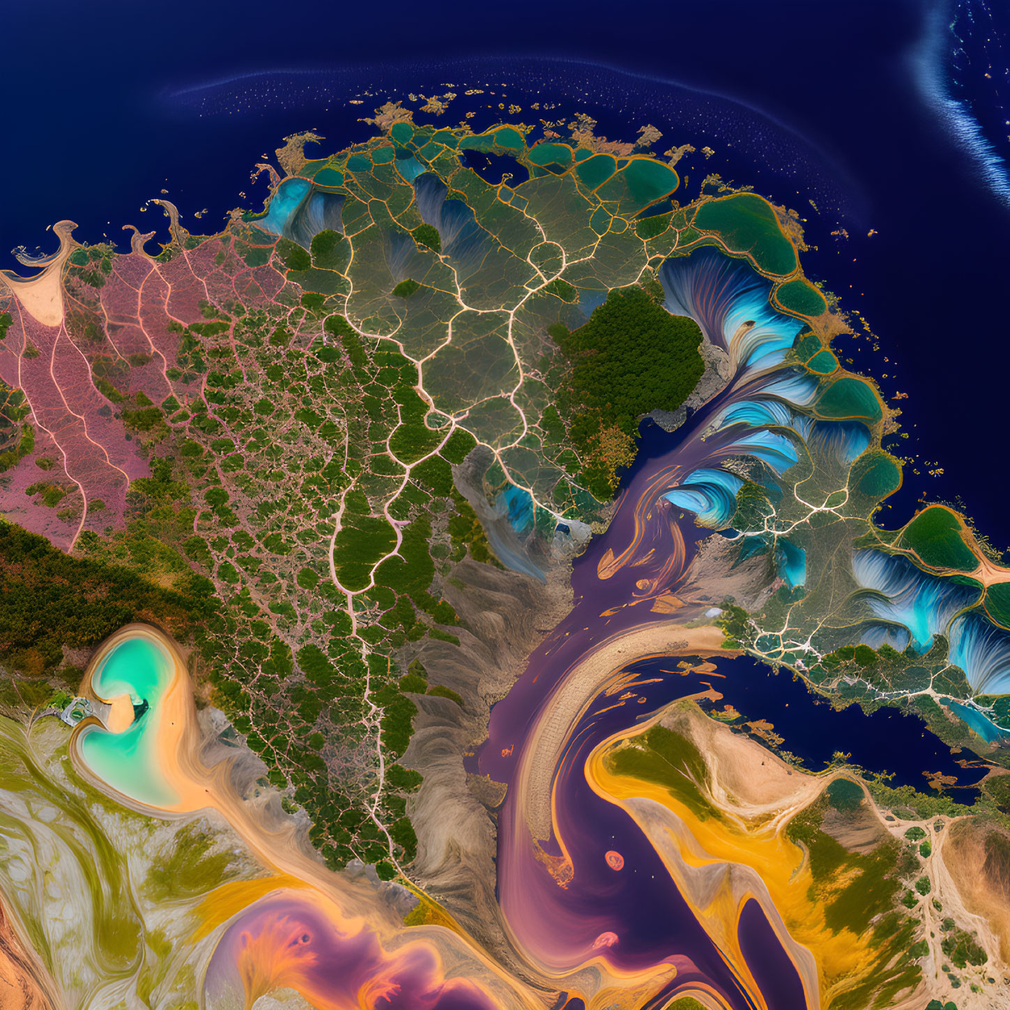 Satellite image of intricate waterways and colorful sediment patterns