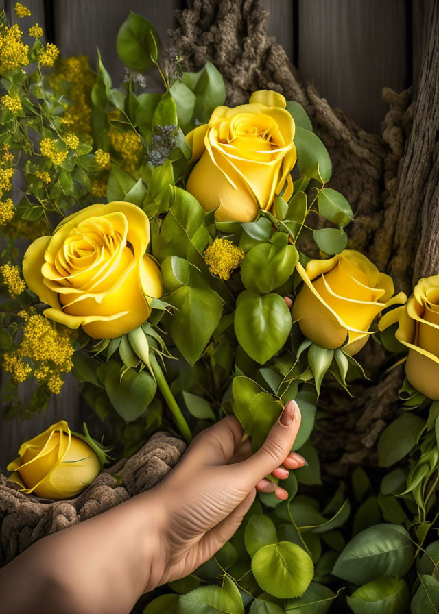 Hand arranging vibrant yellow roses on rustic wooden background