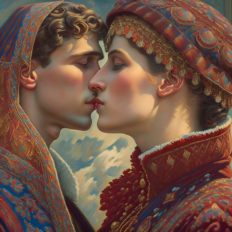 Digital painting of couple in close embrace with intricate historical clothing