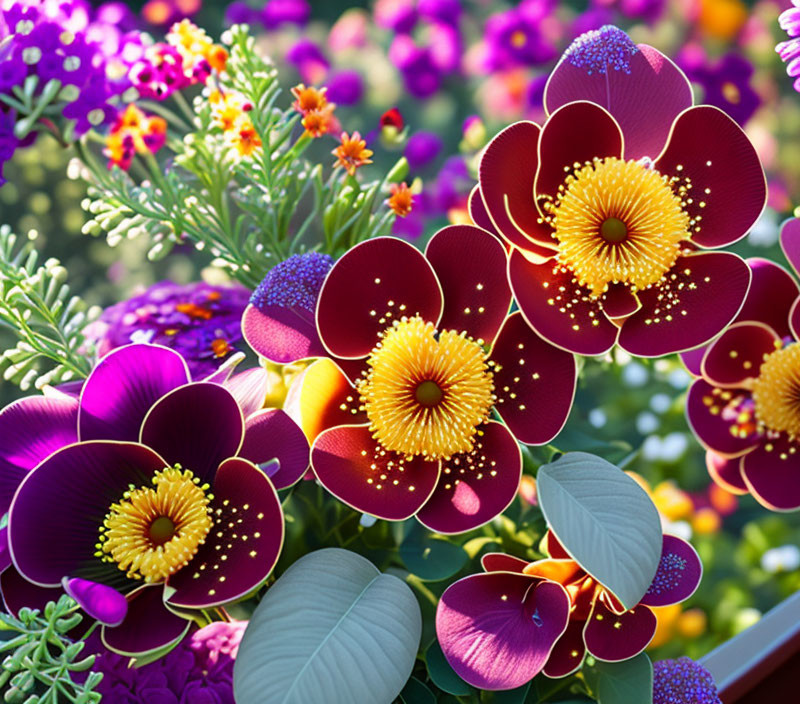 Colorful Garden with Purple and Red Flowers and Yellow Centers