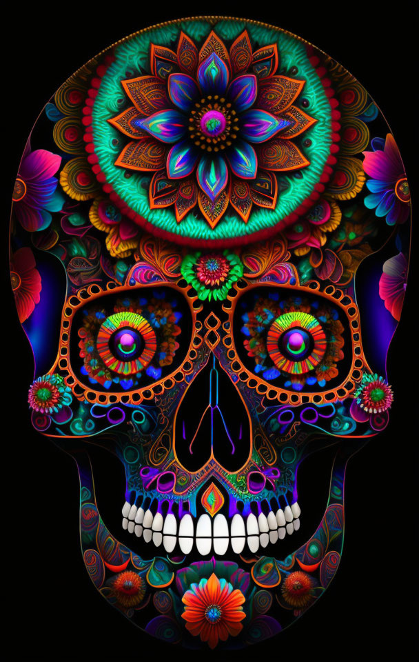 Colorful Day of the Dead skull with floral patterns