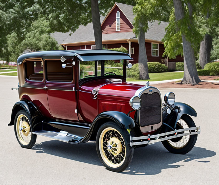 Vintage Red and Black Car with Yellow Spoked Wheels in Front of House