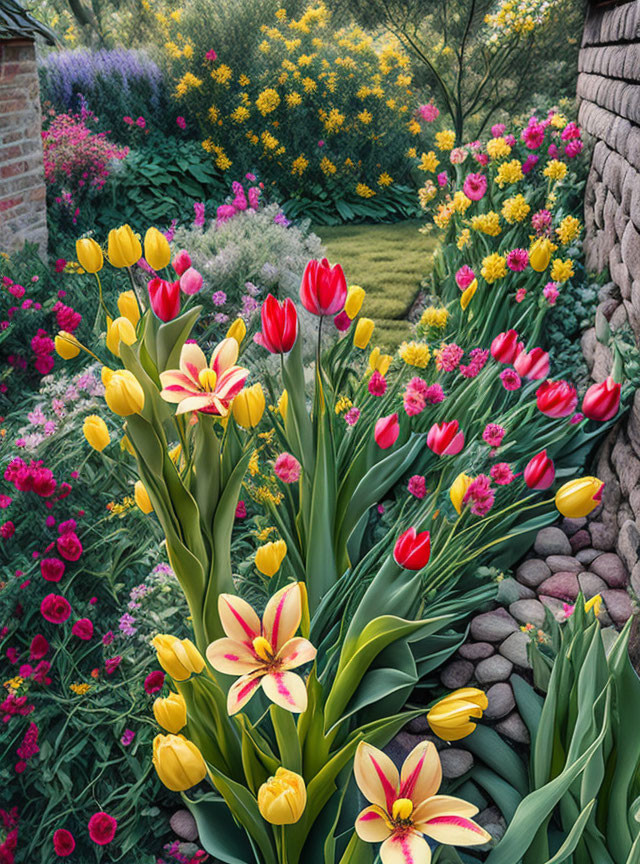 Colorful Blooming Tulip Garden with Stone Column Border