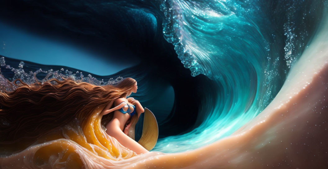 Surreal artwork of woman with flowing hair on cosmic wave