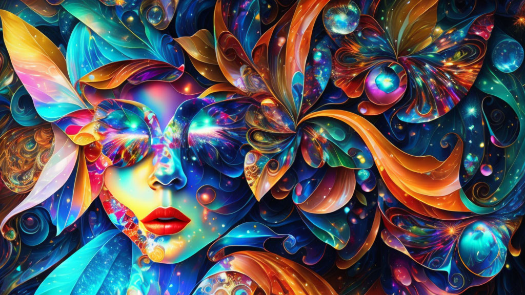 Vibrant abstract digital art of a woman's face with swirling patterns and cosmic elements