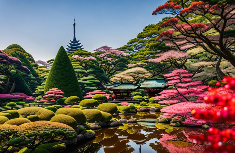 Japanese Garden: Manicured Bushes, Pink Trees, Pagoda, Serene Pond