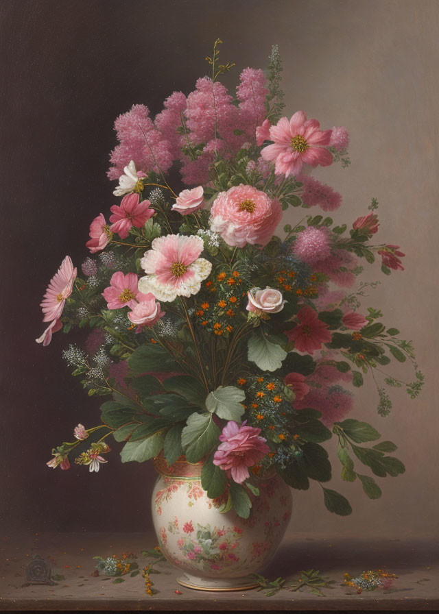 Classic Still Life Painting: Bouquet of Pink Astilbe, Roses, and Daisies in