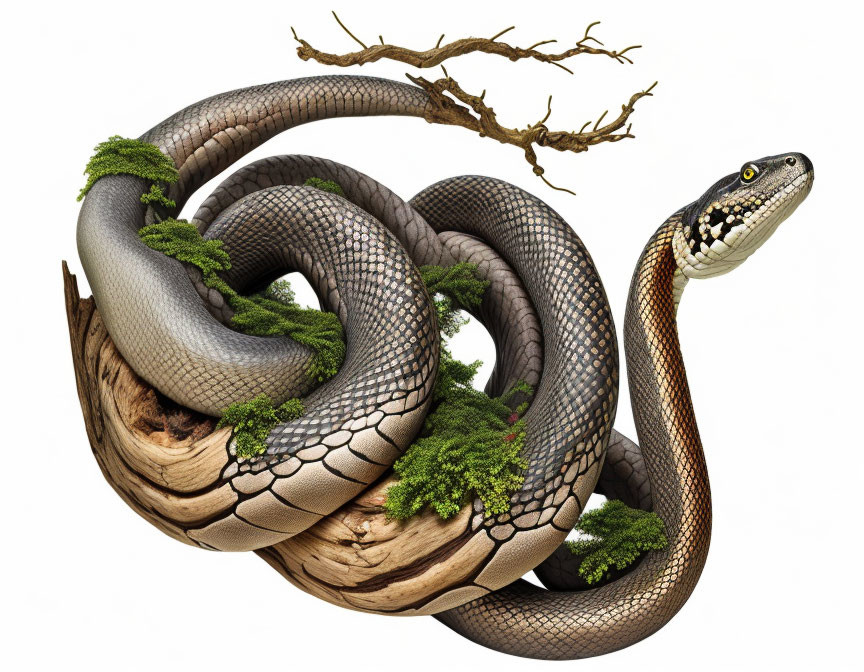 Detailed Hyper-Realistic Snake Illustration Coiled Around Mossy Branch