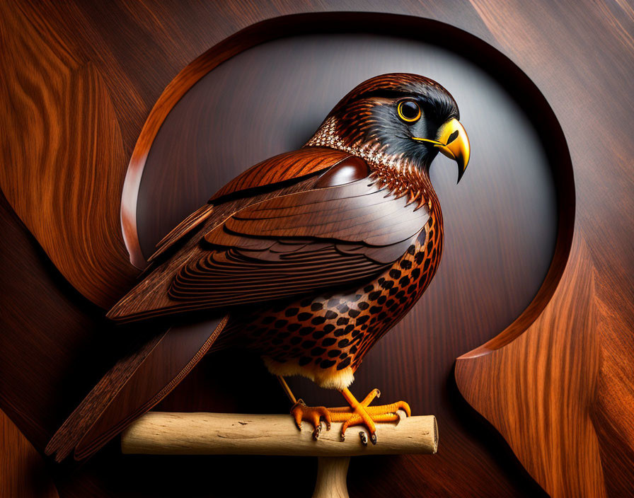 Detailed Falcon Perched on Branch Against Wood Grain Background