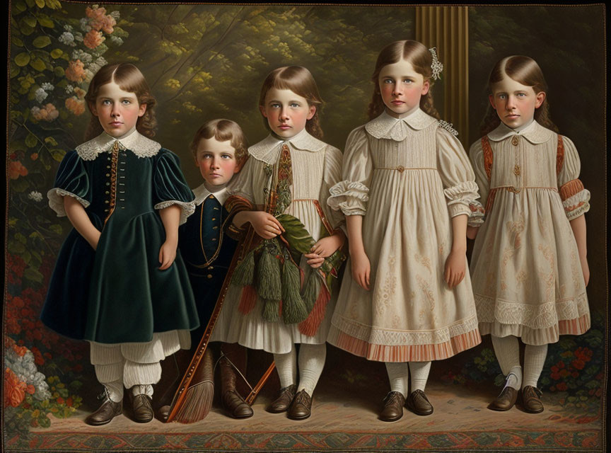 Vintage Painting: Five Children in Formal Attire with Floral Backdrop