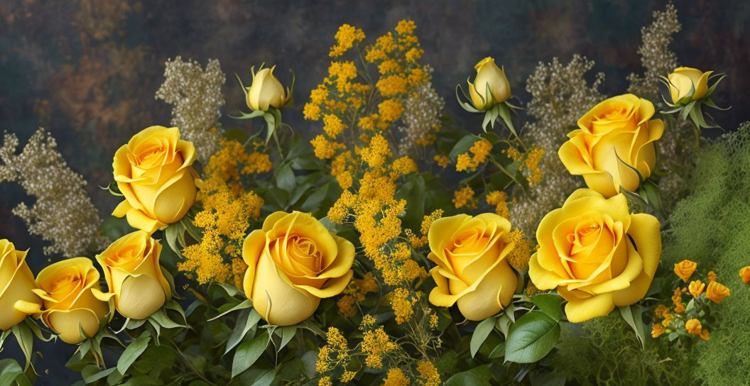 Yellow Roses and White Flowers on Dark Textured Background