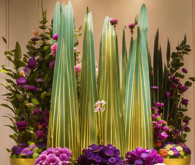 Vibrant tulips with glass grass sculptures in soft light