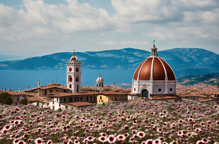 Iconic red dome of Florence cathedral among historic buildings and vibrant flowers under a hazy blue sky