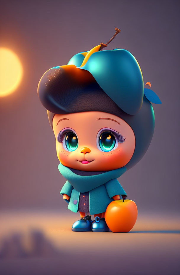 Colorful 3D illustration of cute character with fruit-themed attire next to orange