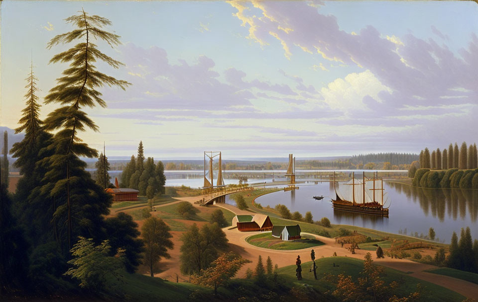 19th-Century Painting: Tranquil River, Bridge, Sailing Ship, and Pine Tree