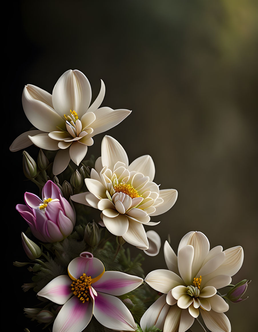 Detailed Lotus Flowers with White and Pink Petals on Dark Background