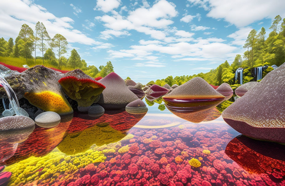 Colorful surreal landscape with textured vegetation, water bodies, and smooth formations reflecting in a vibrant lake.