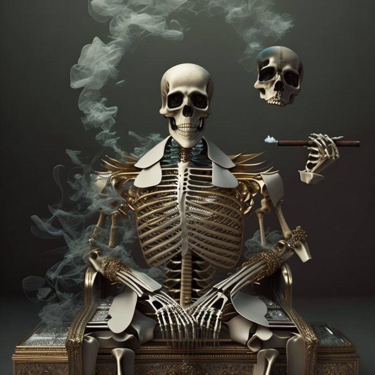 Skeleton on Golden Throne Smoking with Skulls and Arrows