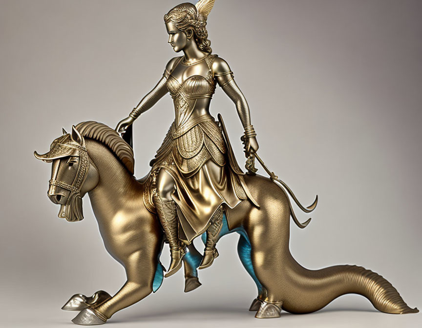 Bronze statue of warrior woman on centaur with sword and detailed armor