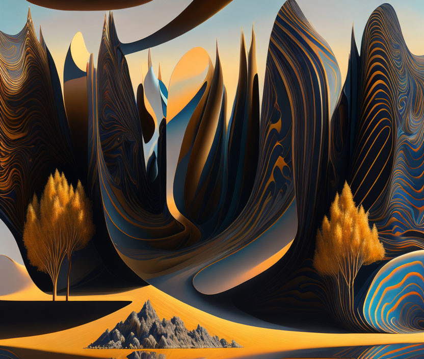 Surreal desert landscape with wavy patterns, yellow trees, and rock formations