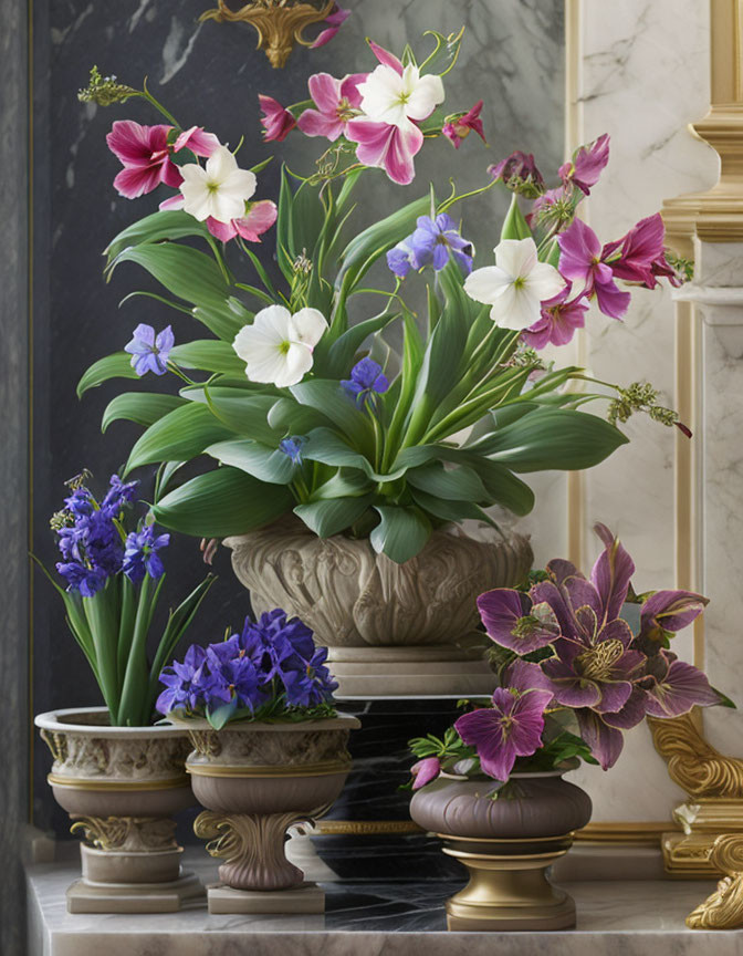 Blossoming plants in classical urns on marble with gold detailing