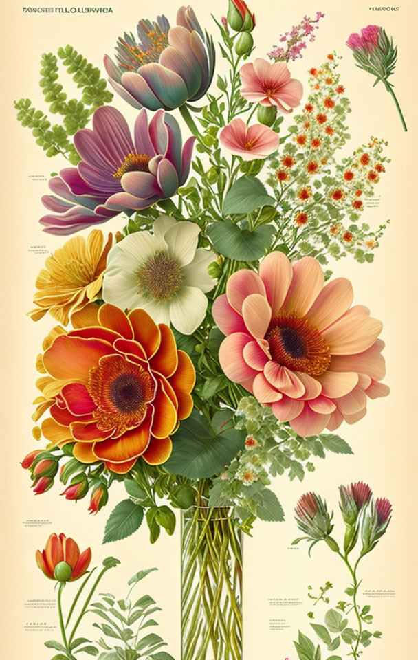 Detailed Vintage Botanical Illustration of Colorful Flowers in Vase