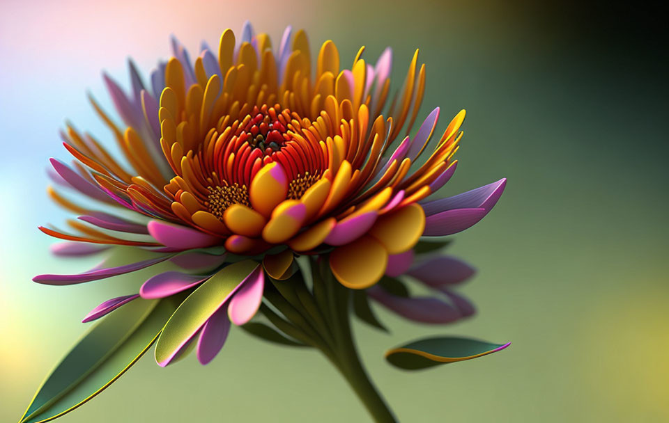 Colorful Gerbera Flower with Yellow to Purple Petals and Orange Center on Soft Background