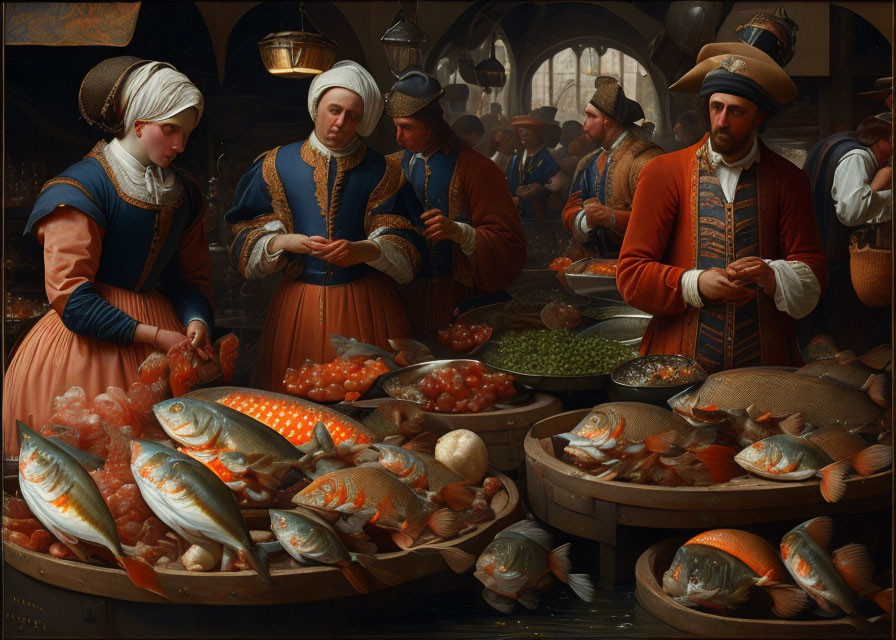 Vibrant market painting: People in period costumes with fresh fish and vegetable stalls.