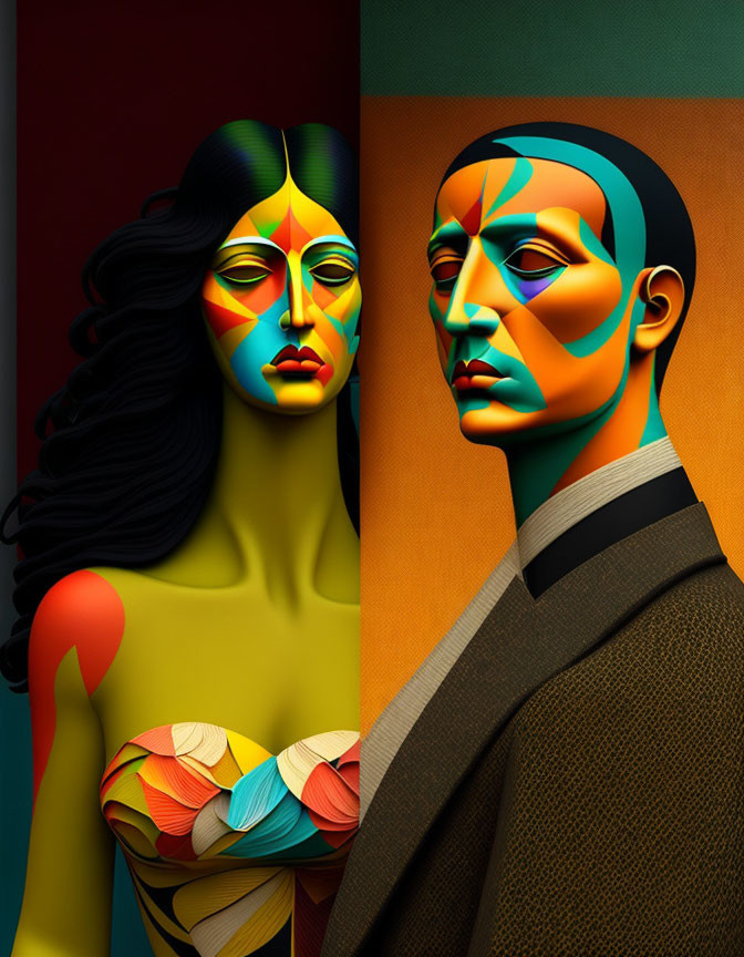 Colorful geometric face paint on man and woman against red and green background